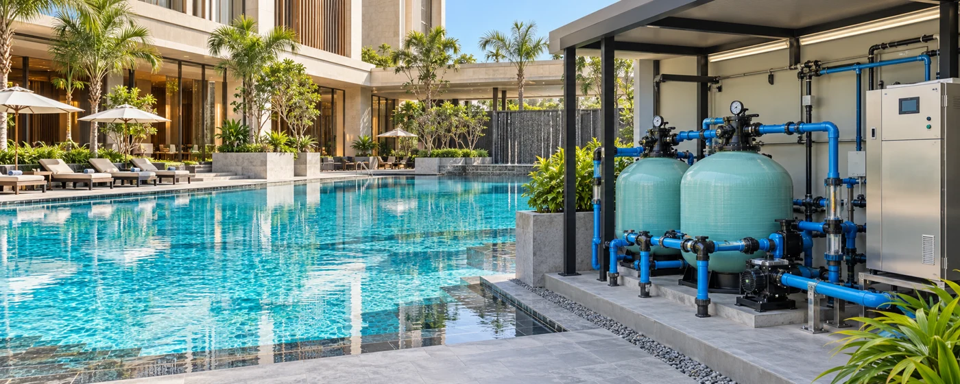 Illustration of hotel swimming pool filtration and water-treatment equipment