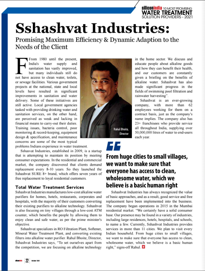 siliconindia 2021 magazine article featuring Sshashvat Industries