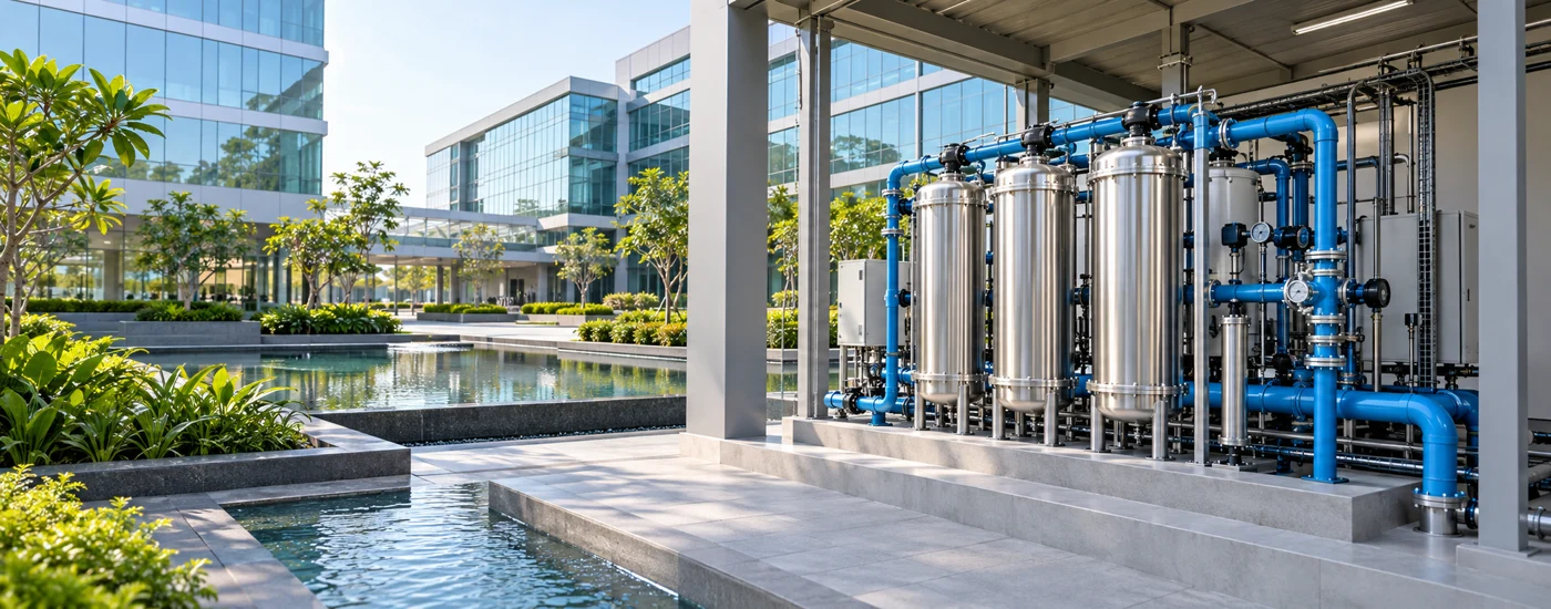 Modern office campus and representative water treatment equipment